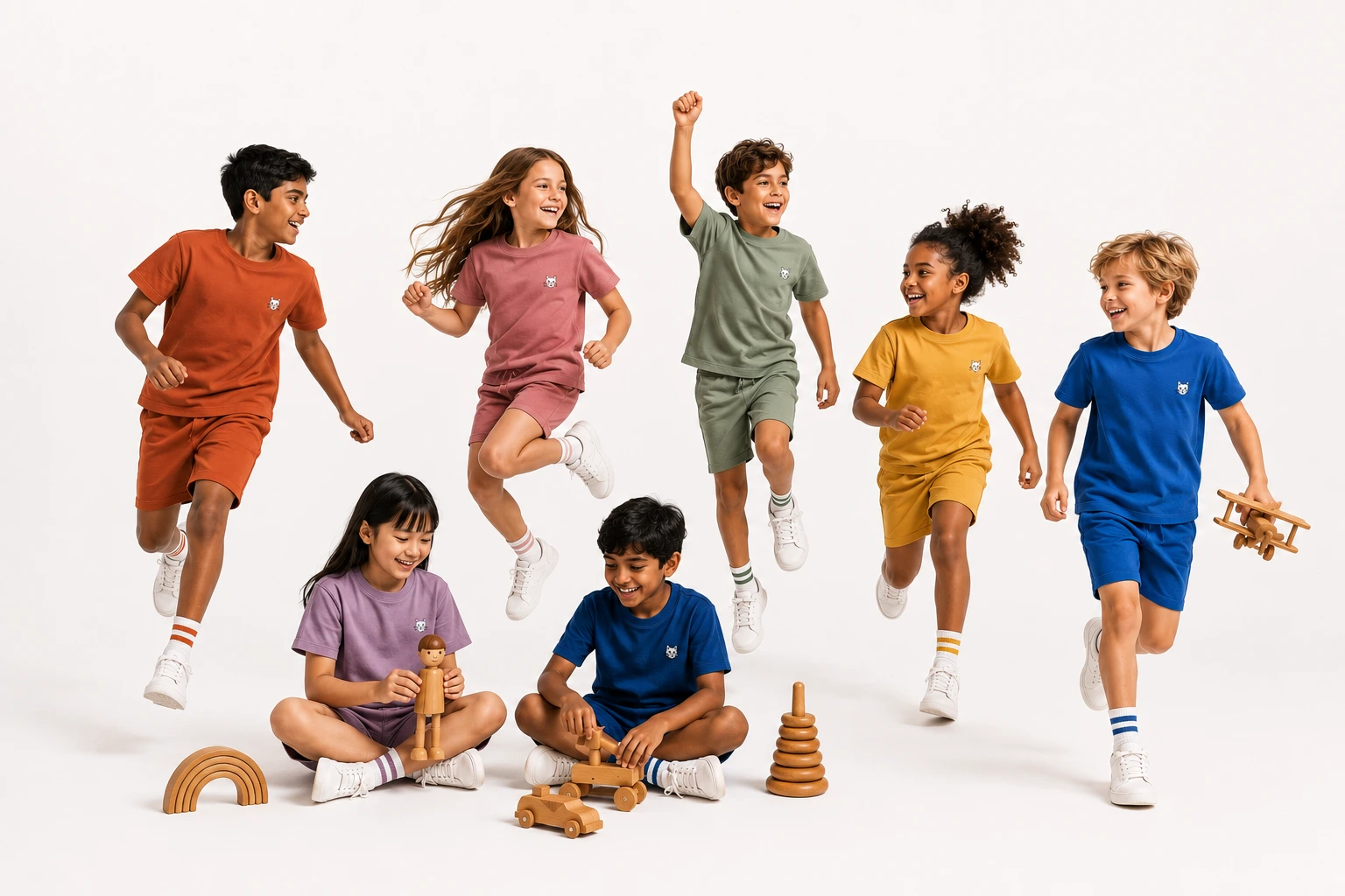 Kids playing wearing clean, colored coordinates
